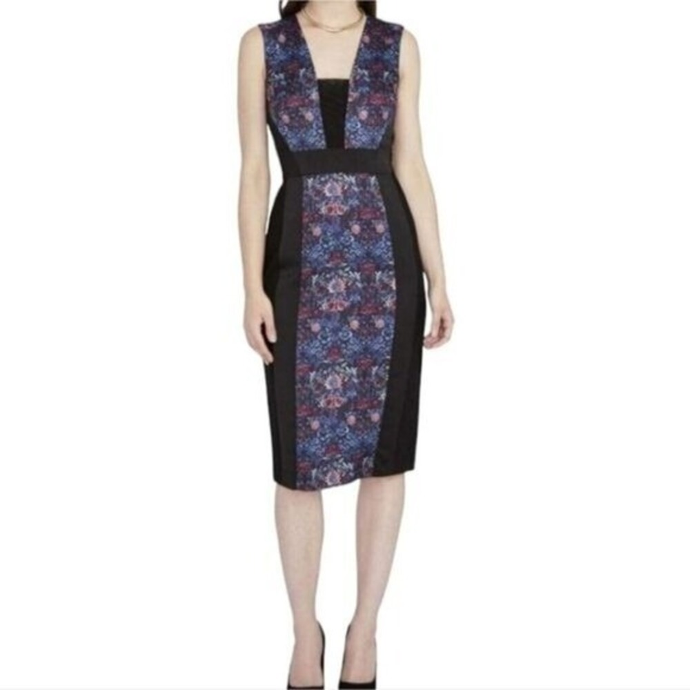 Rachel Roy Black and Floral Panel Midi Sheath Dress Women's Size 6 Small